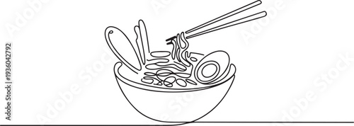 Ramen noodles bowl with spoon and chopsticks, continuous one line art, one line art icon drawing vector