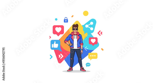 A young man in a blue jacket stands confidently amidst a vibrant array of social media icons and symbols on a white background, conveying a modern and trendy atmosphere with a focus