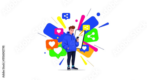 A young businessman interacts with his phone surrounded by vibrant social media icons and flat design elements in a colorful illustration