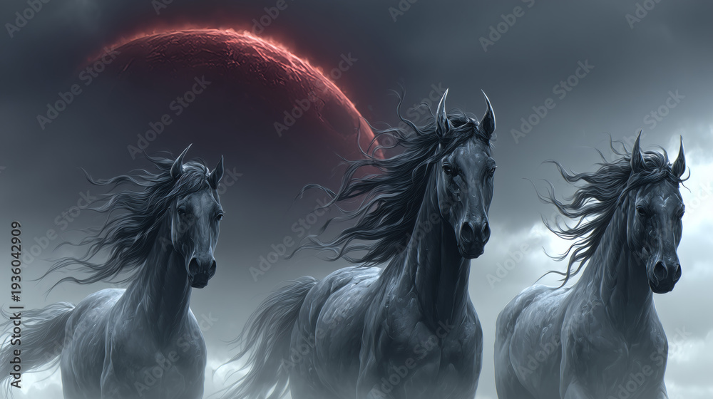 Naklejka premium Black Horses Under Lunar Eclipse Sky