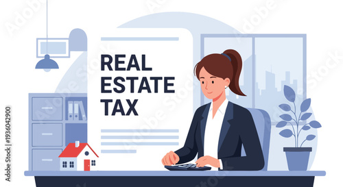 Modern vector illustration of homeowner calculating property tax with house icon and financial documents. Real estate taxation and budgeting concept