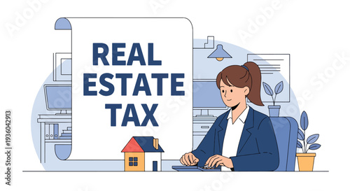 Modern vector illustration of homeowner calculating property tax with house icon and financial documents. Real estate taxation and budgeting concept
