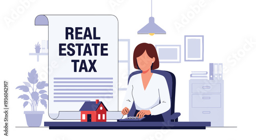 Modern vector illustration of homeowner calculating property tax with house icon and financial documents. Real estate taxation and budgeting concept