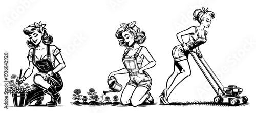 Pin-up girl gardening and lawn mowing set, vintage woman working in the garden, hand-drawn sketch illustration
