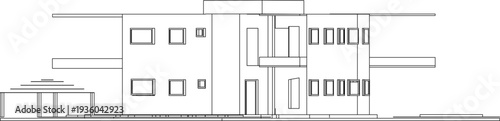 Technical architectural elevation drawing showing modern building facade with rectangular windows, geometric elements and horizontal emphasis in minimalist black and white line art style.