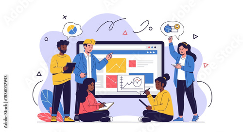 A diverse group of young professionals collaborating around a large computer screen displaying colorful graphs and charts in a vibrant, flat illustration with a trend-setting design