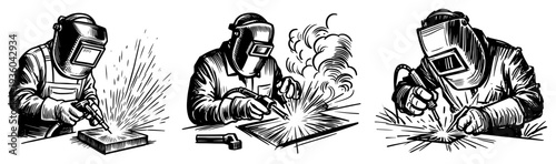 Welder working with metal sparks, hand-drawn sketch of welding process in vintage engraving style