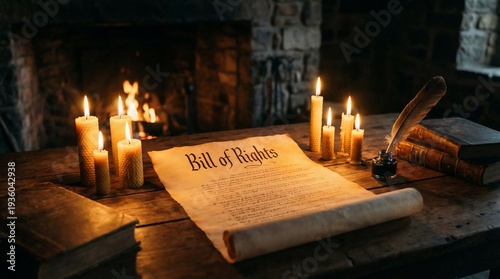 Antique parchment of the Bill of Rights illuminated by candlelight in a rustic setting.