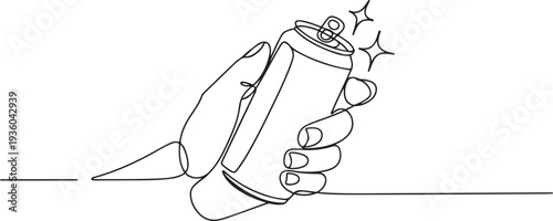 Continuous one line hand drawn of hand holding sparkling water can. Man hand holding aluminum soda can, Soft drink can opening, one line art icon drawing vector