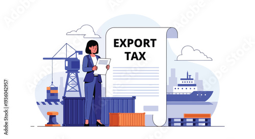 Modern vector illustration of customs officer reviewing import export tax documents near cargo containers. International trade compliance concept