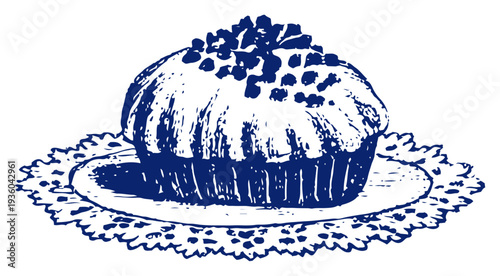 Freshly baked muffin on a decorative paper lace doily engraving