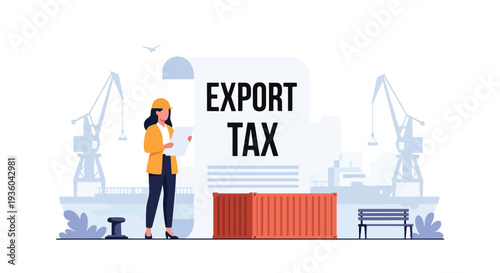 Modern vector illustration of customs officer reviewing import export tax documents near cargo containers. International trade compliance concept