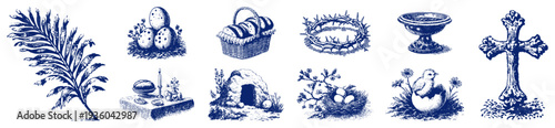 Large set of easter and christian religious symbols in woodcut style