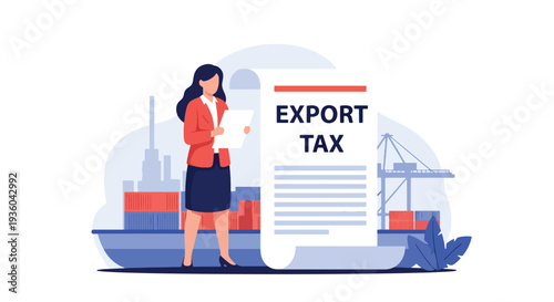Modern vector illustration of customs officer reviewing import export tax documents near cargo containers. International trade compliance concept