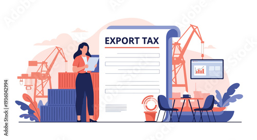 Modern vector illustration of customs officer reviewing import export tax documents near cargo containers. International trade compliance concept