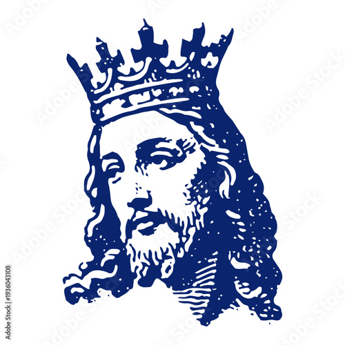 Powerful vintage engraving portrait of Jesus Christ wearing a majestic royal crown
