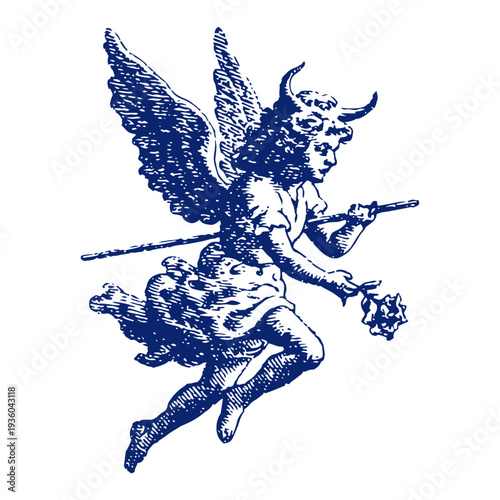 Detailed vintage engraving of a flying cherub angel holding a staff and flower