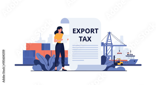 Modern vector illustration of customs officer reviewing import export tax documents near cargo containers. International trade compliance concept