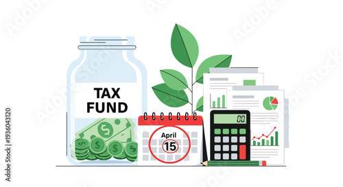 Modern vector illustration of savings jar labeled tax fund beside calendar reminder icon. Budgeting strategy and responsible financial preparation concept
