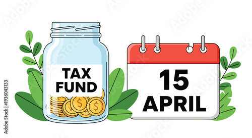 Modern vector illustration of savings jar labeled tax fund beside calendar reminder icon. Budgeting strategy and responsible financial preparation concept