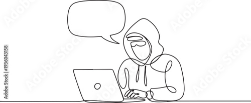 One continuous line of speech bubble with Computer Hacker. Thin Line Illustration vector concept. one line art icon drawing vector