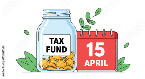Modern vector illustration of savings jar labeled tax fund beside calendar reminder icon. Budgeting strategy and responsible financial preparation concept