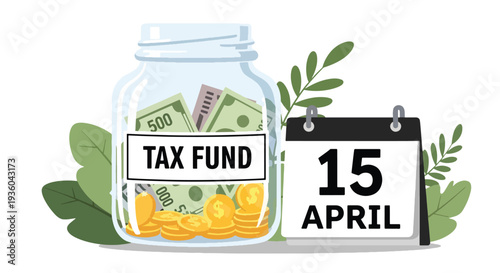 Modern vector illustration of savings jar labeled tax fund beside calendar reminder icon. Budgeting strategy and responsible financial preparation concept