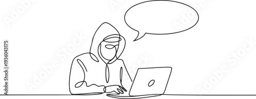 One continuous line of speech bubble with Computer Hacker. Thin Line Illustration vector concept. one line art icon drawing vector