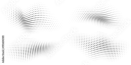 Abstract halftone dotted wave vector background, dynamic flowing particle dots forming smooth motion pattern, modern technology backdrop for branding, website hero header, presentation slide,