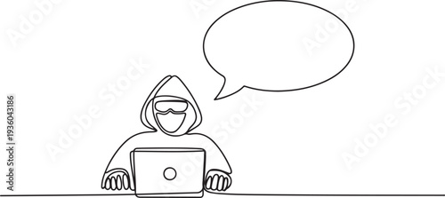 One continuous line of speech bubble with Computer Hacker. Thin Line Illustration vector concept. one line art icon drawing vector