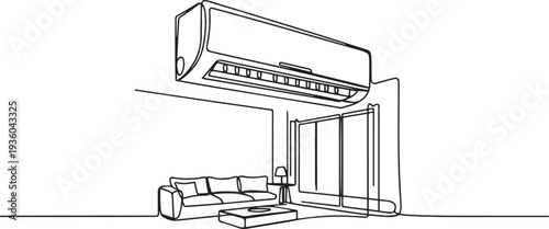 Air Conditioner Logo, Sketch drawing of AC in beautiful interior room, one line art icon drawing vector