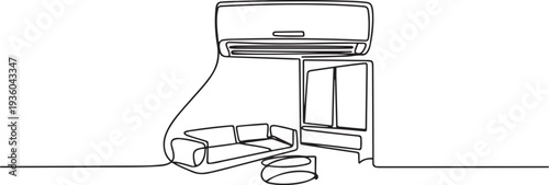 Air Conditioner Logo, Sketch drawing of AC in beautiful interior room, one line art icon drawing vector