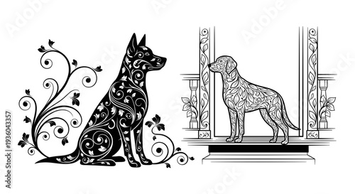 Set of 2 dog illustrations vector