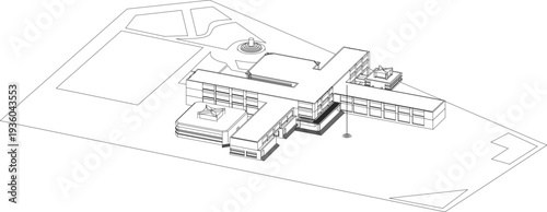 Technical isometric architectural drawing showing modern building complex with multiple wings, angular design and site layout in black and white line art style.