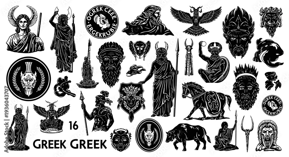Obraz premium Ancient Greek Mythology Symbols and Figures Collection - Black and White Vector Illustrations