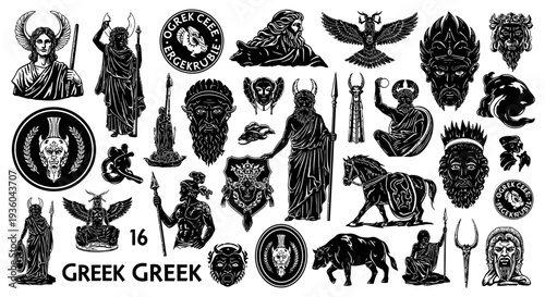 Ancient Greek Mythology Symbols and Figures Collection - Black and White Vector Illustrations