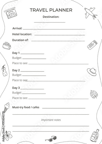 Travel planner vector template with hand drawn doodles. Page includes destination arrival hotel location budget place to see for three days and notes. Summer vacation itinerary for print and web.