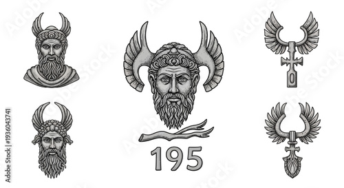 Ancient Greek Warrior Symbols: Busts, Wings, Cross and Number 195