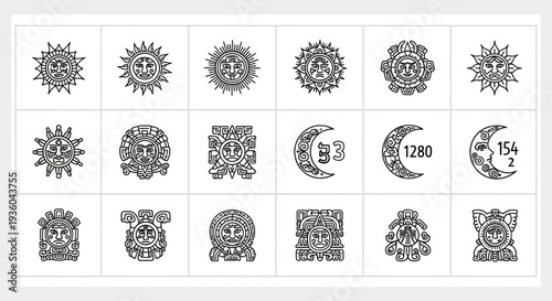Ancient Mesoamerican Sun and Moon Icons Set
