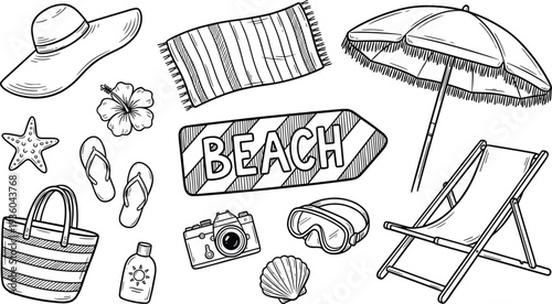 Beach vacation hand drawn set, summer travel elements with umbrella chair hat flip flops camera shells seaside illustration