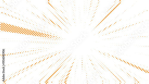 Orange halftone radial particle burst vector background, abstract dotted lines radiating from center creating dynamic perspective effect, modern technology concept for presentations,