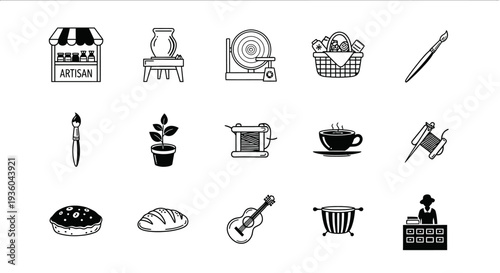Artisan Crafts and Hobbies Icons Set: Handmade Goods, Creative Pursuits, and Local Business