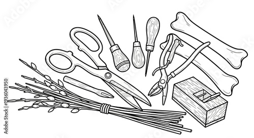 Artisan Tools and Materials: Scissors, Pliers, Awls, Twigs, and Bone Shapes