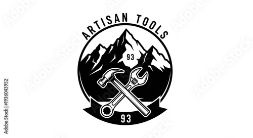 Artisan Tools Logo with Crossed Hammer and Wrench, Mountains Emblem