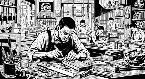 Artisan workshop: craftsmen meticulously working on intricate details.