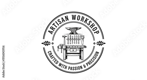 Artisan Workshop Emblem: Vintage Tools, Anvil, Workbench, Craftsmanship