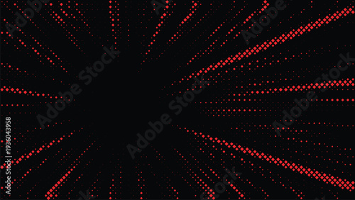Red halftone radial particle burst vector background on black backdrop, abstract dotted speed lines forming futuristic technology motion pattern for gaming graphics, marketing banners