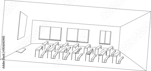 Perspective line drawing of an empty classroom or lecture hall with rows of desks, rear windows, and a presentation board on the wall in minimalist style.