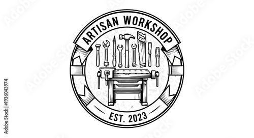Artisan Workshop Logo with Tools, Vise, and Hammer - Vintage Style