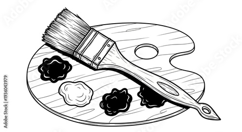 Artist Paintbrush and Palette with Black and White Paint Splatters